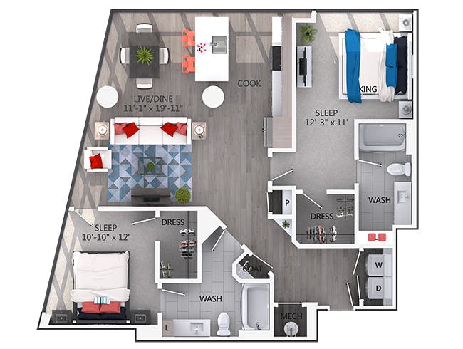 C5b floor plan, 2 Bedroom, 2 Bathroom at AMLI Arts Center apartments