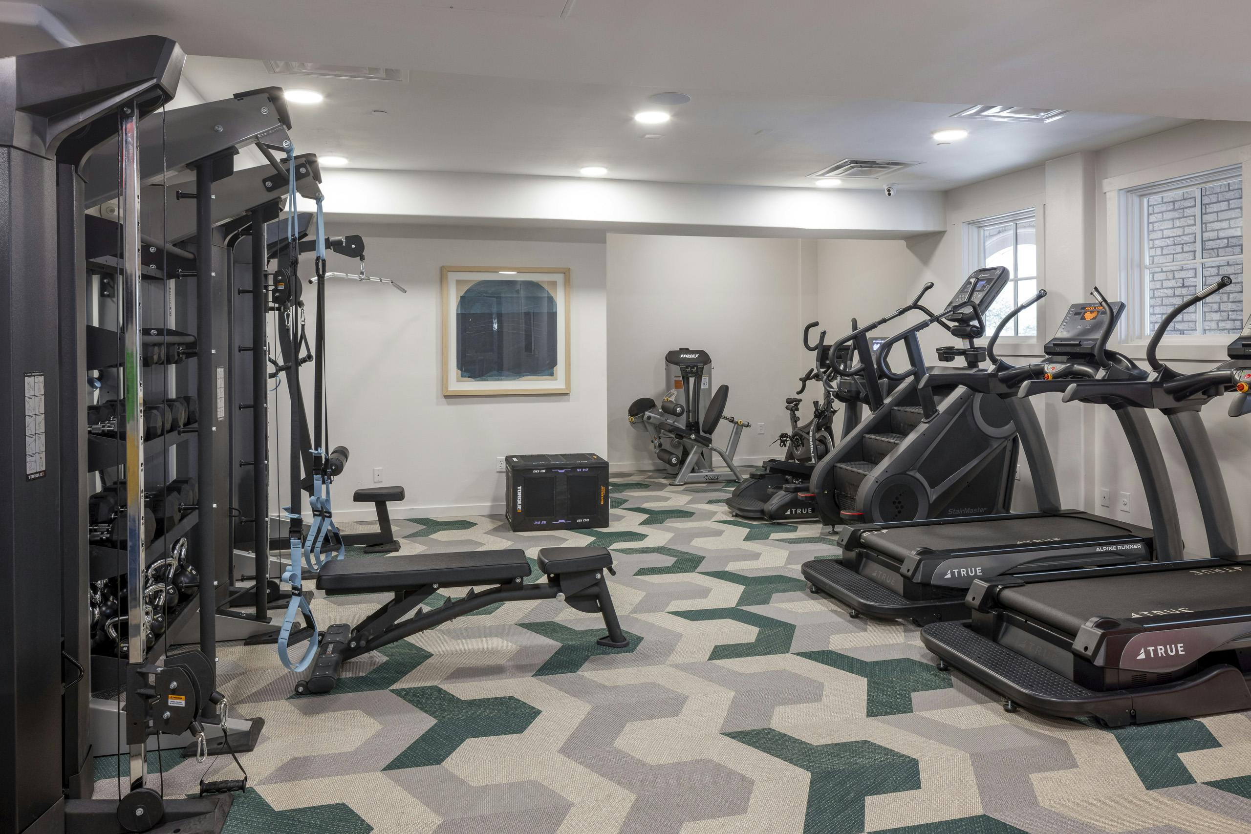 AMLI 300 fitness center with treadmills and a stairmaster across from free weights and bands  on geometric flooring
