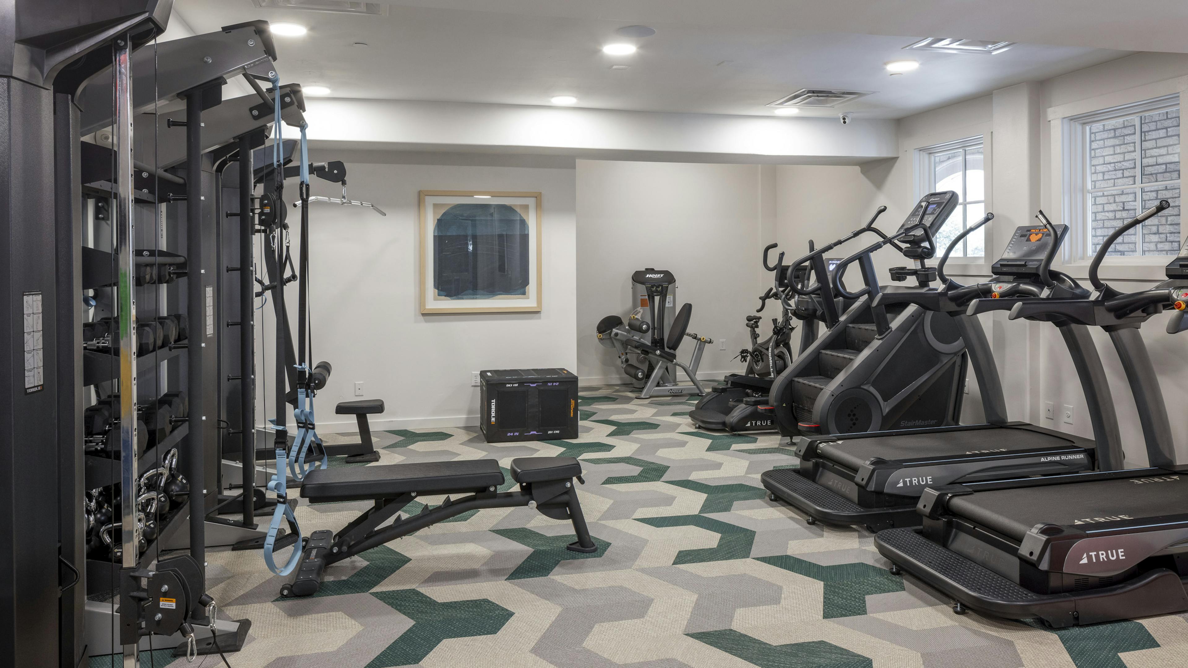 AMLI 300 fitness center with treadmills and a stairmaster across from free weights and bands  on geometric flooring