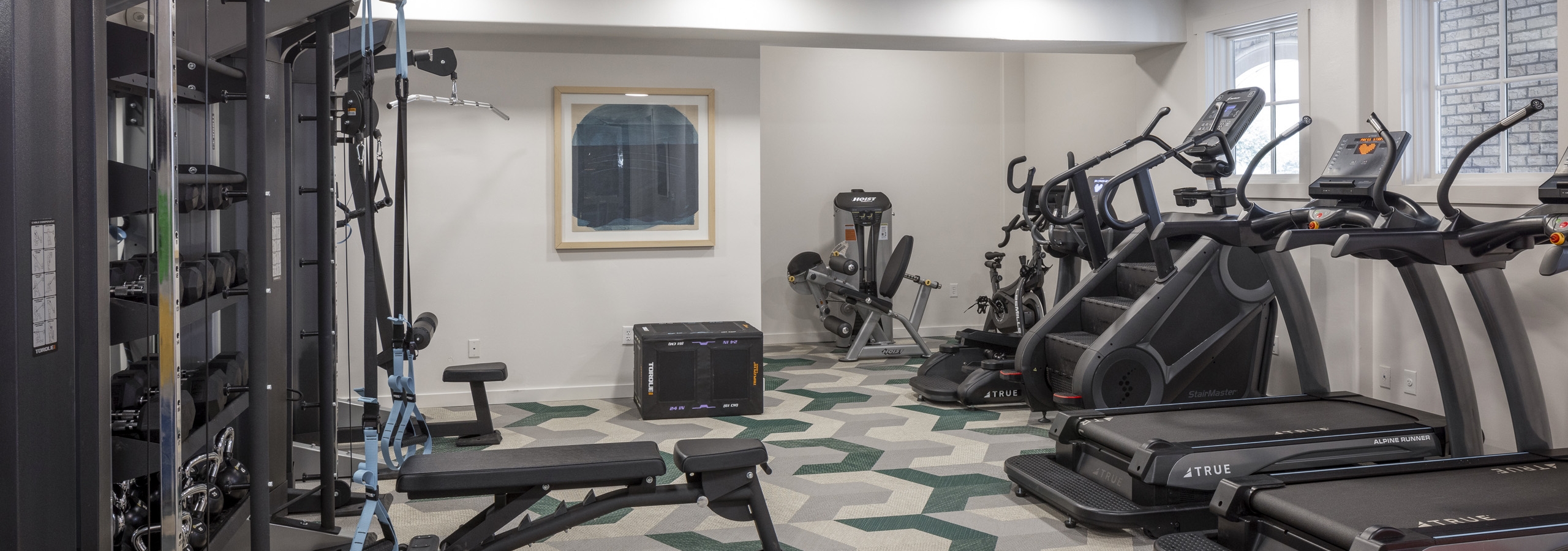 AMLI 300 fitness center with treadmills and a stairmaster across from free weights and bands  on geometric flooring