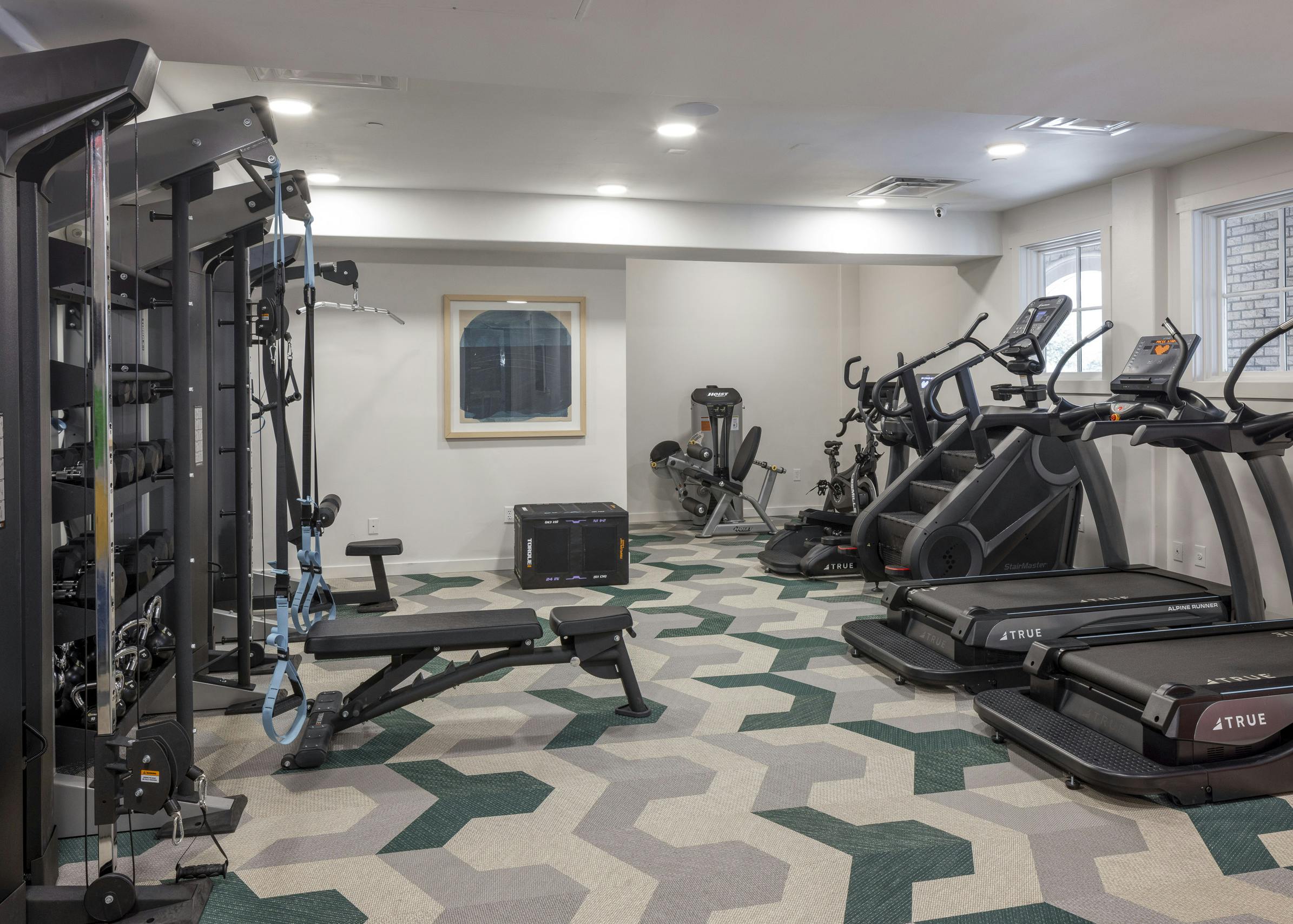 AMLI 300 fitness center with treadmills and a stairmaster across from free weights and bands  on geometric flooring