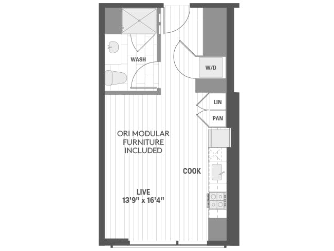 E1ORI floor plan, Studio, 1 Bathroom, ORI furniture at AMLI 808 apartments