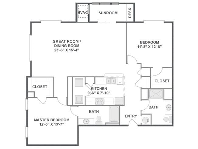 Turnberry SR floor plan, 2 Bedroom, 2 Bathroom, Sunroom at AMLI at Seven Bridges apartments