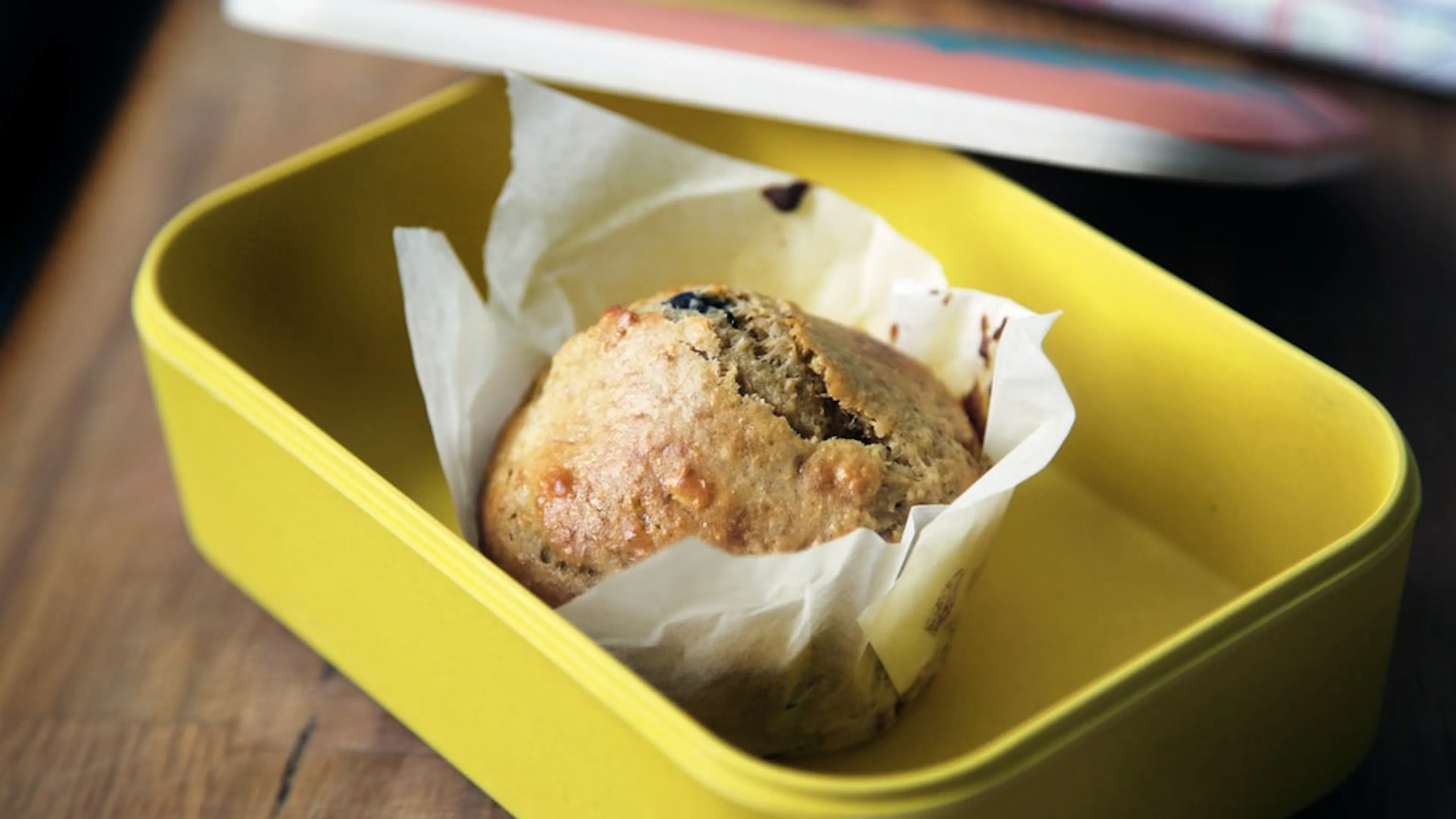 A rectangular children’s lunchbox with a single golden-brown chocolate chip muffin inside wrapped in parchment paper