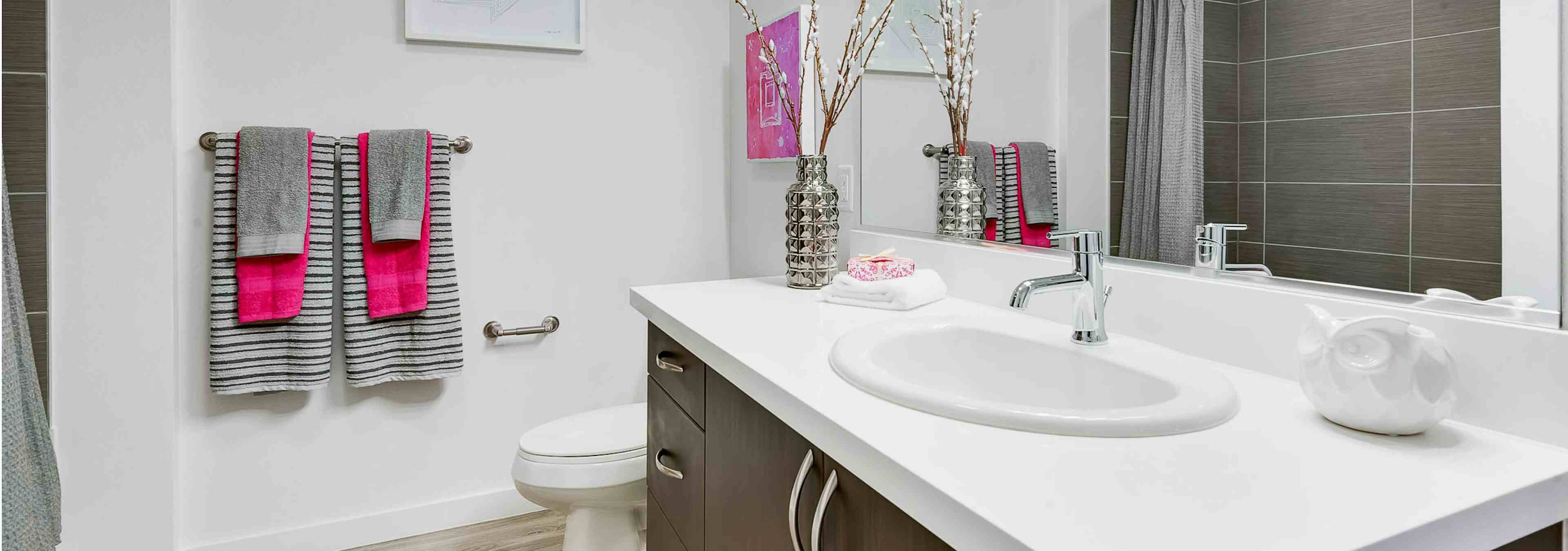 Bathroom at AMLI Cherry Creek apartments with a white counter top and white walls with a stainless steel fixtures and mirror