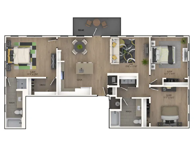 D5 floor plan, 3 Bedroom, 2 Bathroom at AMLI RiNo apartments