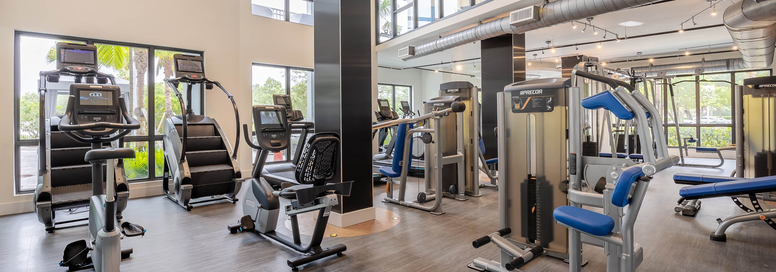 Interior view of the fitness zone at AMLI Park West apartments with cardio and weight machines and window views