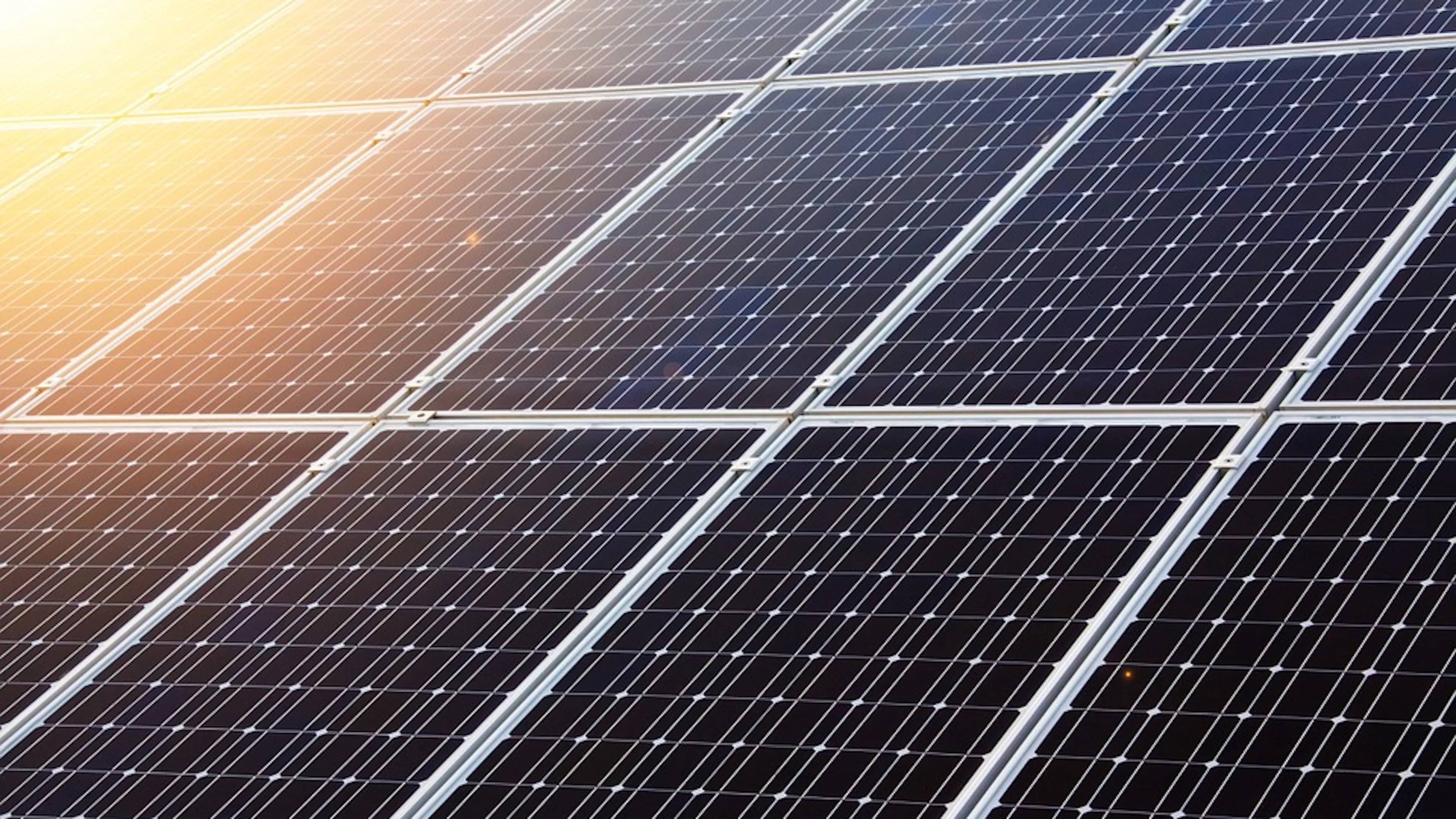 Close up of multiple sets of solar panels shimmering in the sunlight