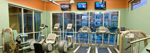 Fitness center at AMLI Inverness apartments with multiple treadmills and elliptical machines and televisions and windows
