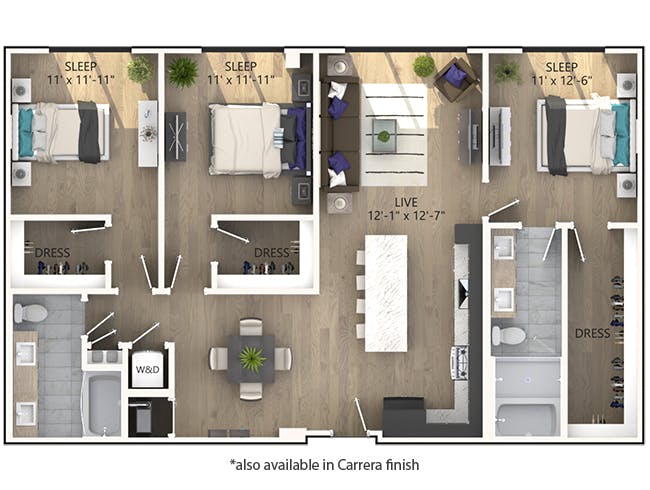 D5 floor plan, 3 Bedroom, 2 Bathroom at AMLI Midtown Miami apartments