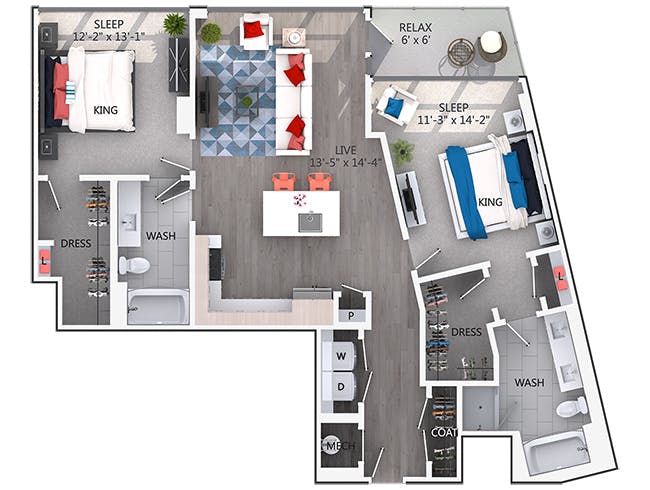 C6d floor plan, 2 Bedroom, 2 Bathroom at AMLI Arts Center apartments