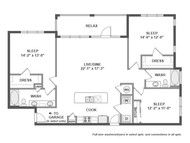 D6 floor plan, 3 Bedroom, 2 Bathroom at AMLI Covered Bridge apartments