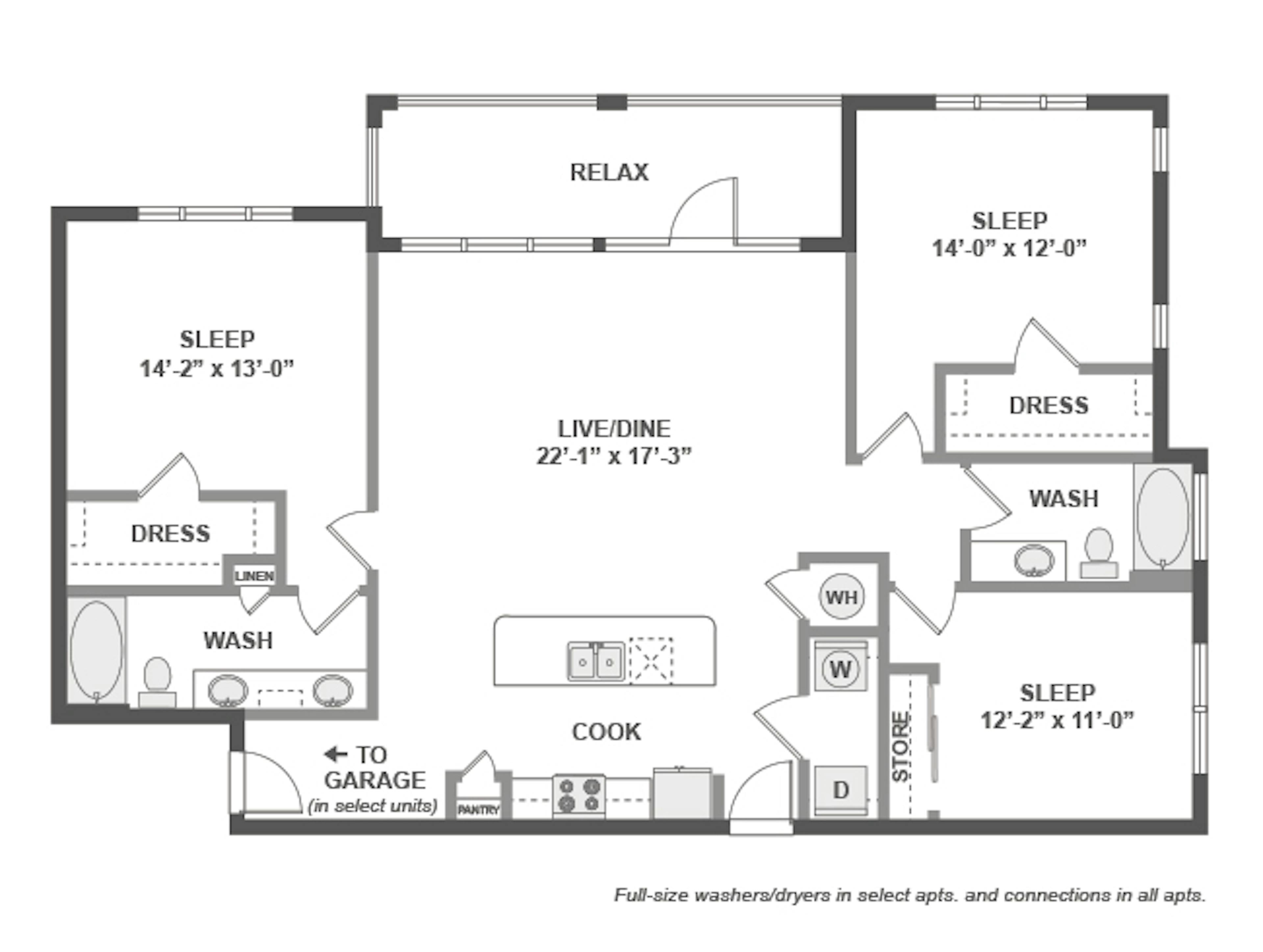 D6 floor plan, 3 Bedroom, 2 Bathroom at AMLI Covered Bridge apartments
