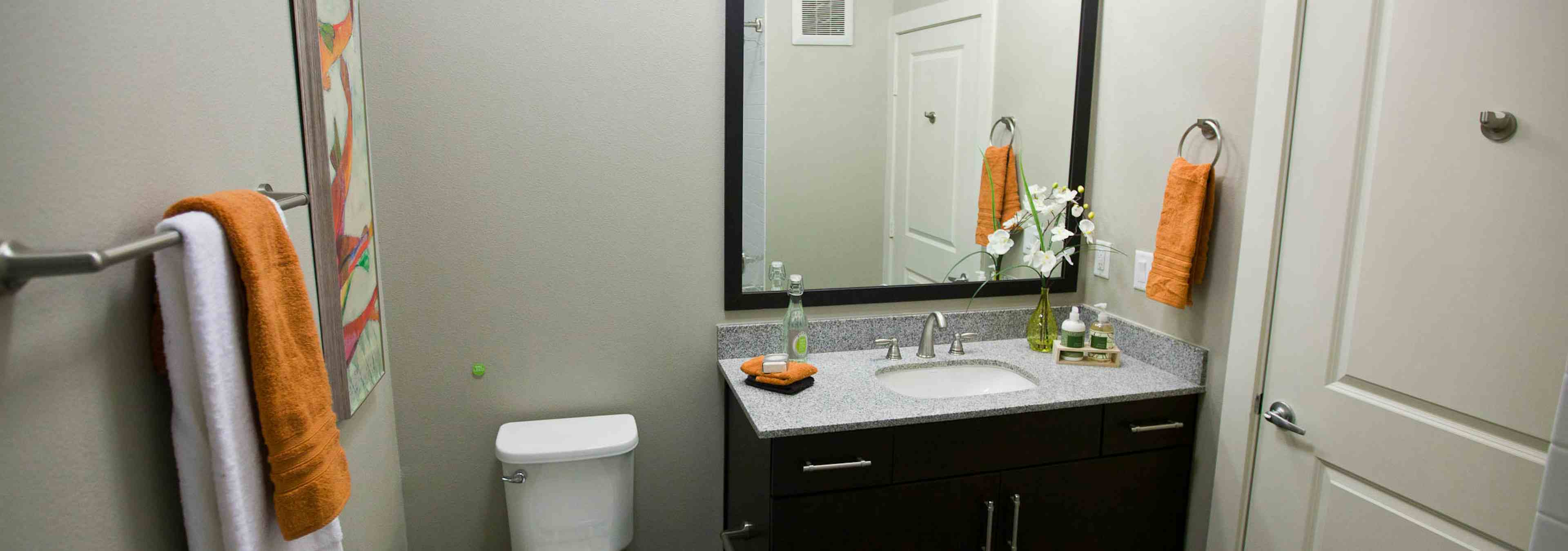 Interior view of a bathroom at AMLI Riverfront Park apartments with a sink and a large mirror and towel rack with towels