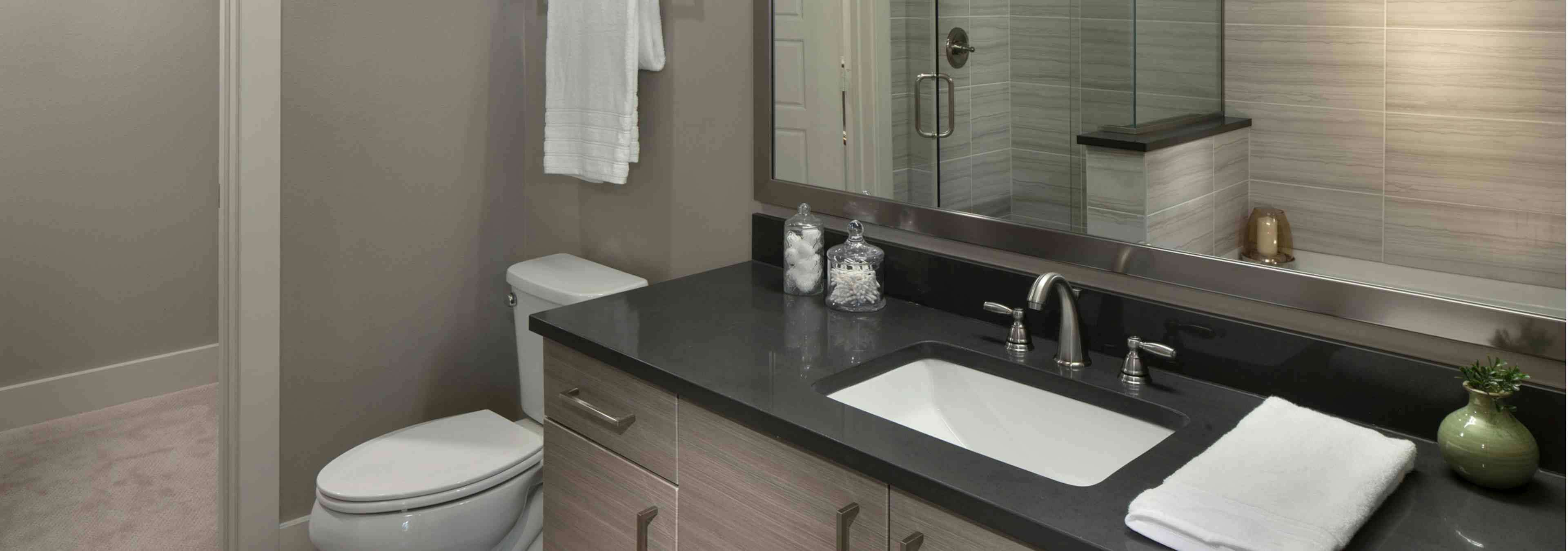 A bathroom in an apartment at AMLI Riverfront Green with view of toilet and large mirror with shower in the reflection