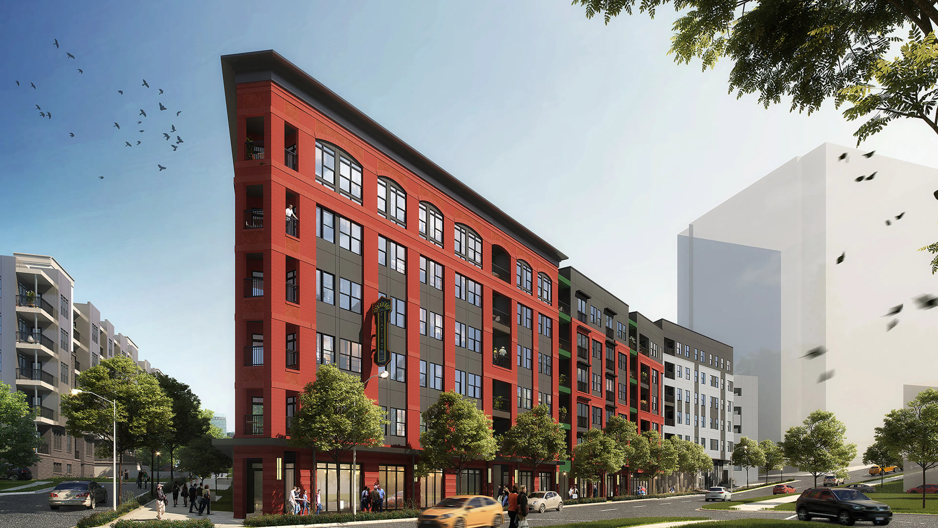 Rendering of AMLI Flatiron apartment building exterior set on tree lined street corner with people and cars passing by
