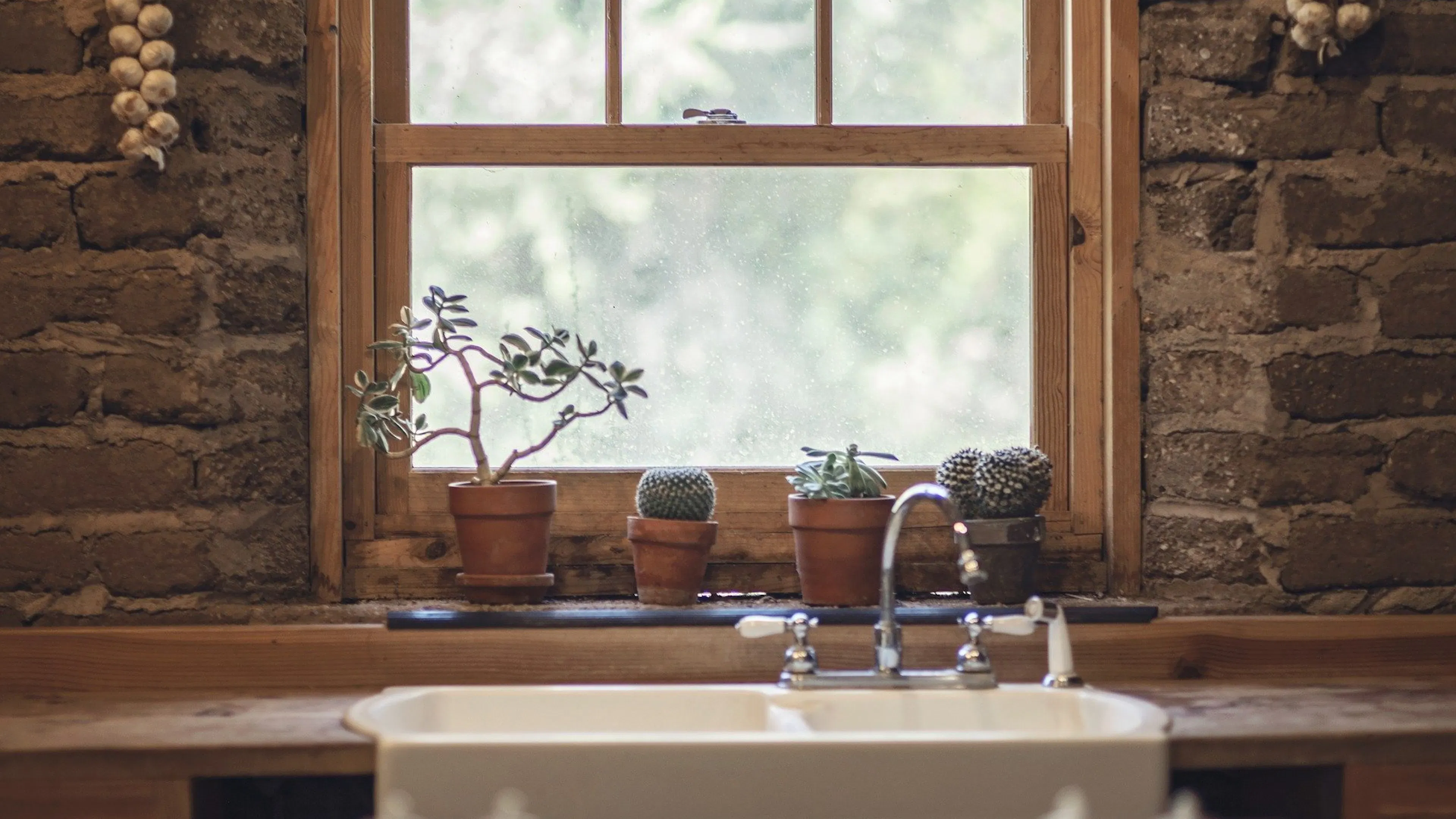 A white porcelain sink set in butcherblock countertops against a brick wall with small cacti plants on the windowsill behind it