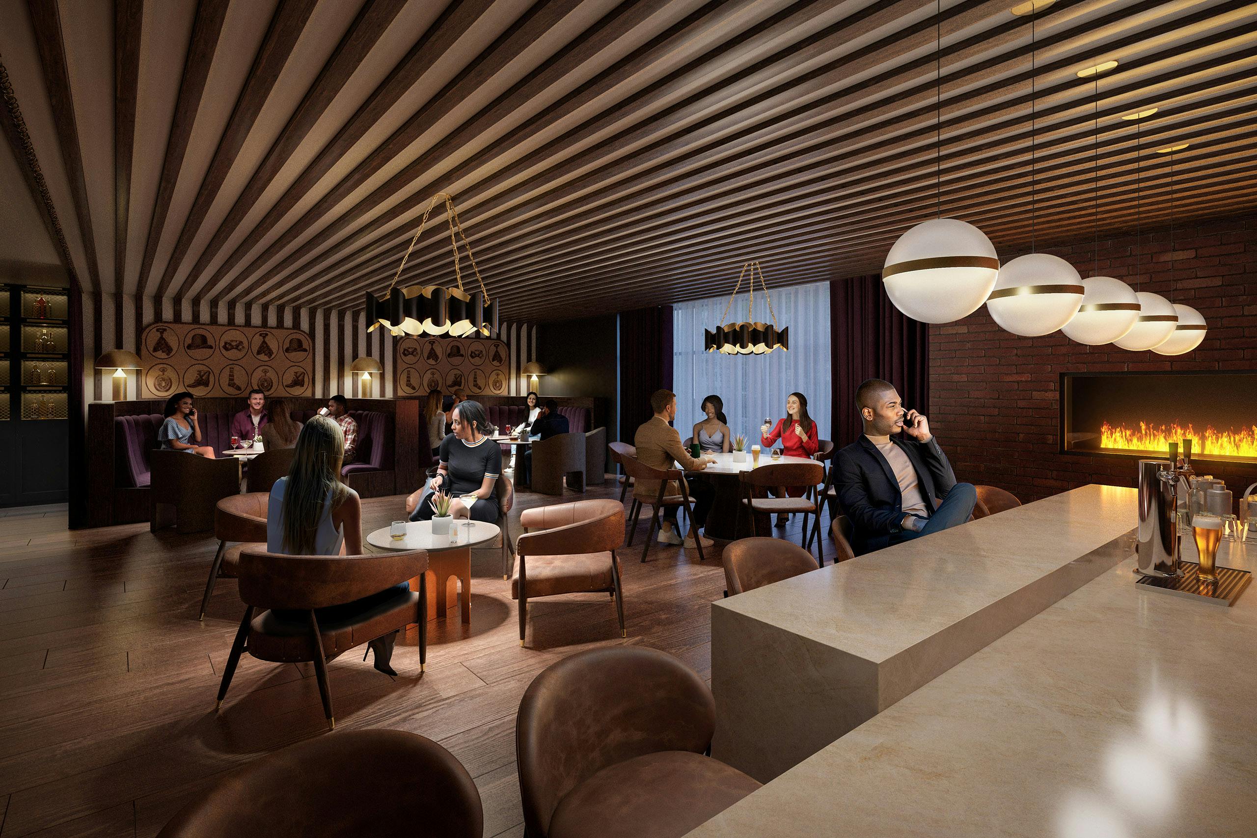 Rendering of AMLI Aero speakeasy lounge with groups of people drinking around tables and man on the phone sitting at bar by fireplace