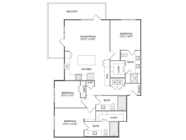 D7 floor plan, 3 Bedroom, 3 Bathroom at AMLI Lakeline apartments