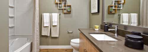 Apartment bathroom with tan walls and artwork and gray counters at AMLI South Lake Union.