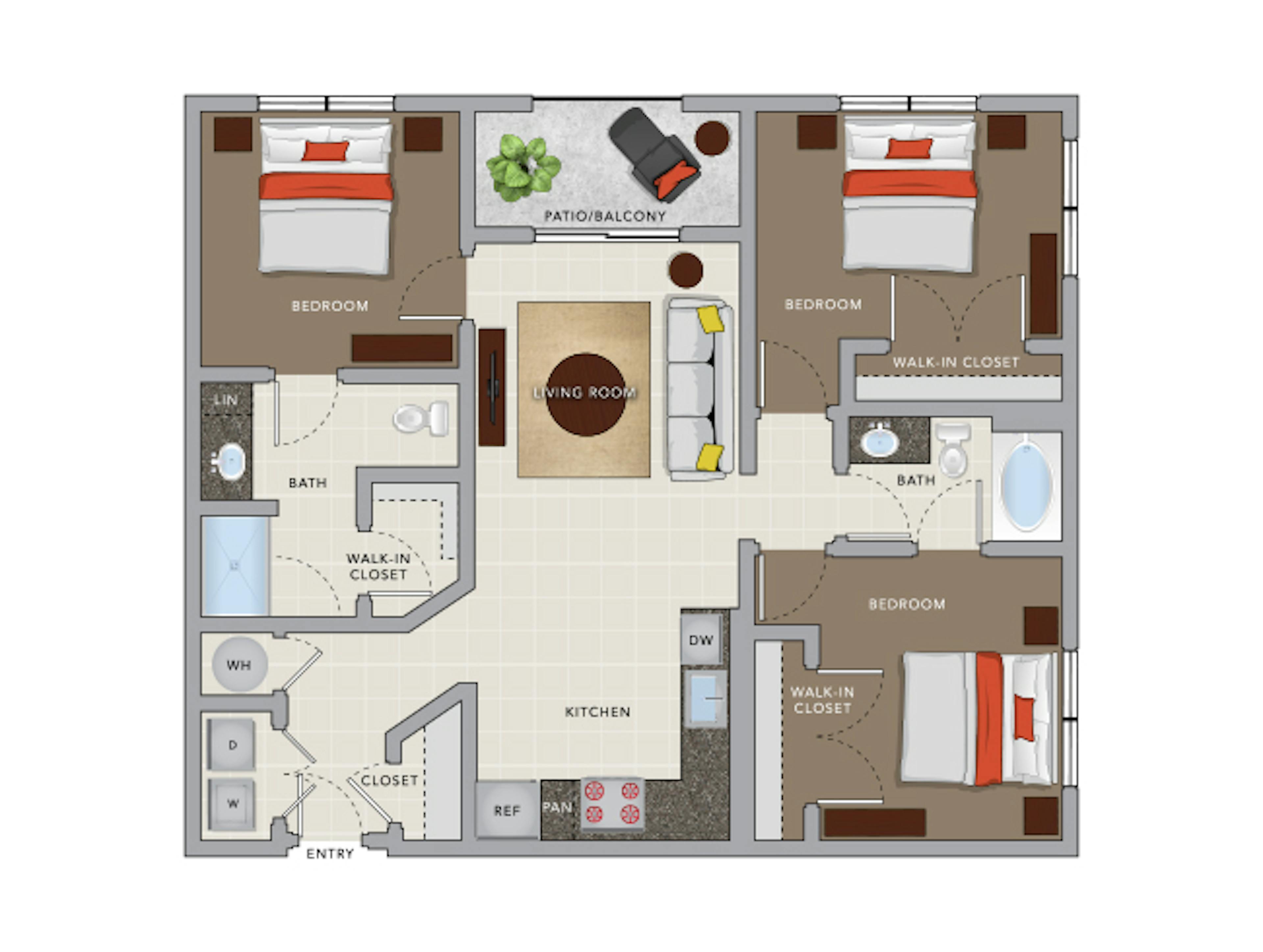 D3a floor plan, 3 Bedroom, 2 Bathroom at AMLI 8800 apartments