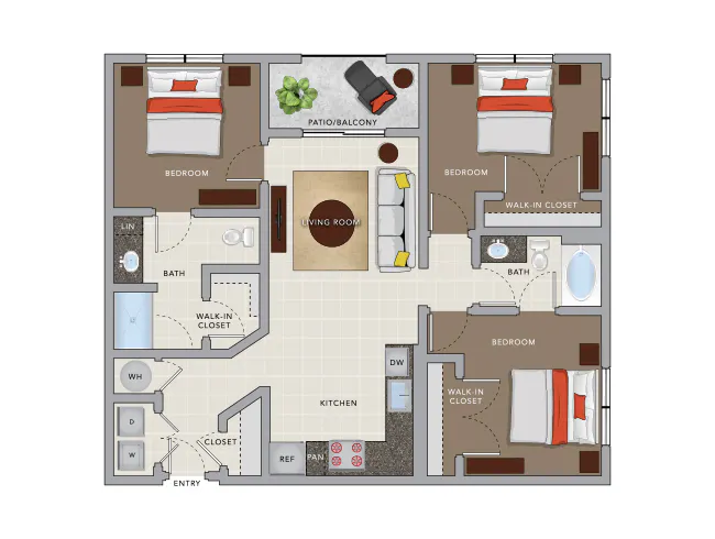 D3a floor plan, 3 Bedroom, 2 Bathroom at AMLI 8800 apartments