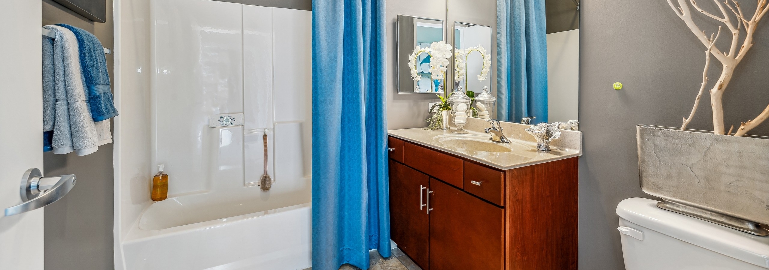 Bathroom at AMLI 900 with dark wood vanity with large mirror and white tub with blue shower curtain and gray walls