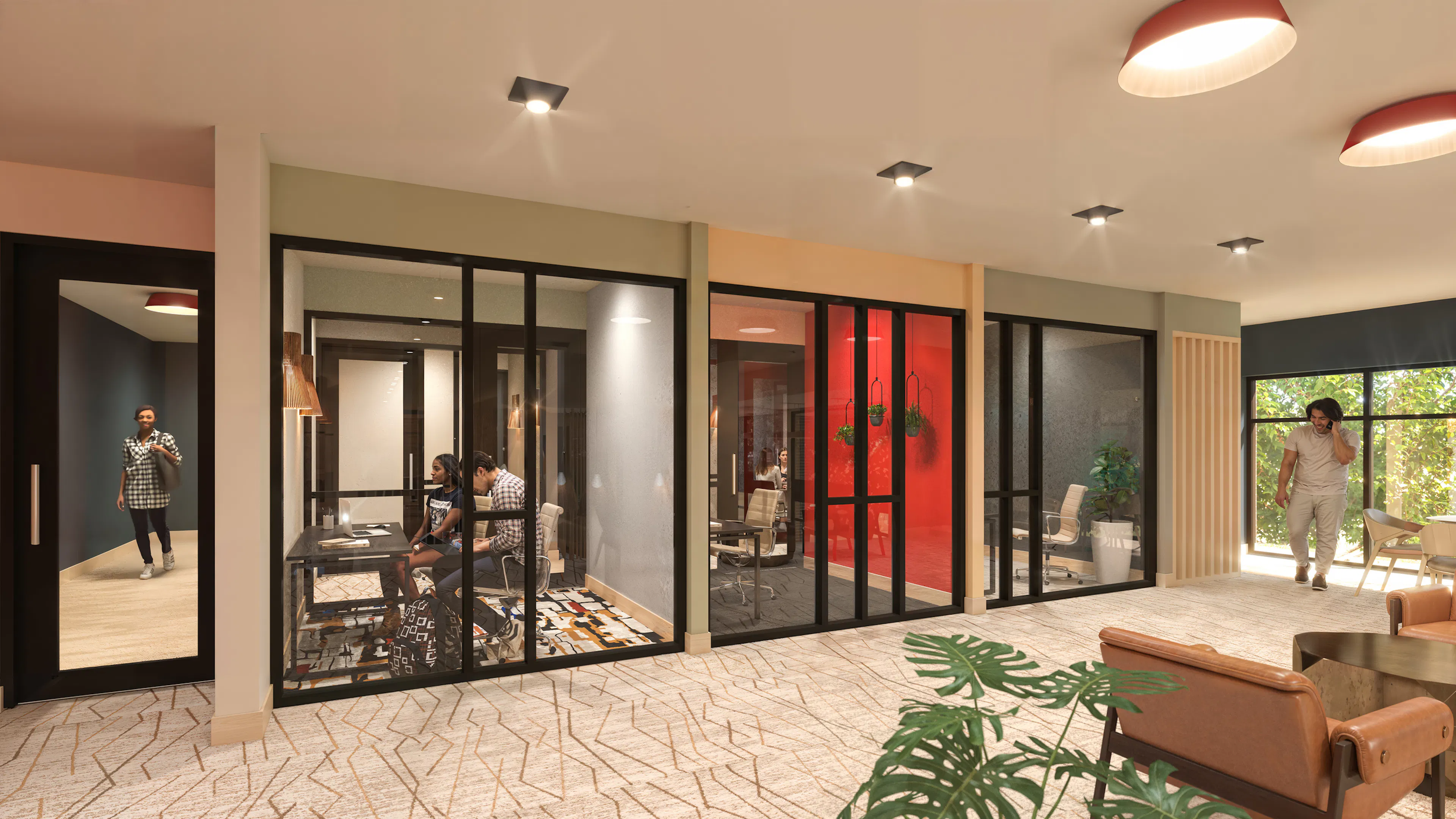 Rendering of AMLI Village Park coworking space featuring private offices, desk seating, and open lounge areas for remote workers.
