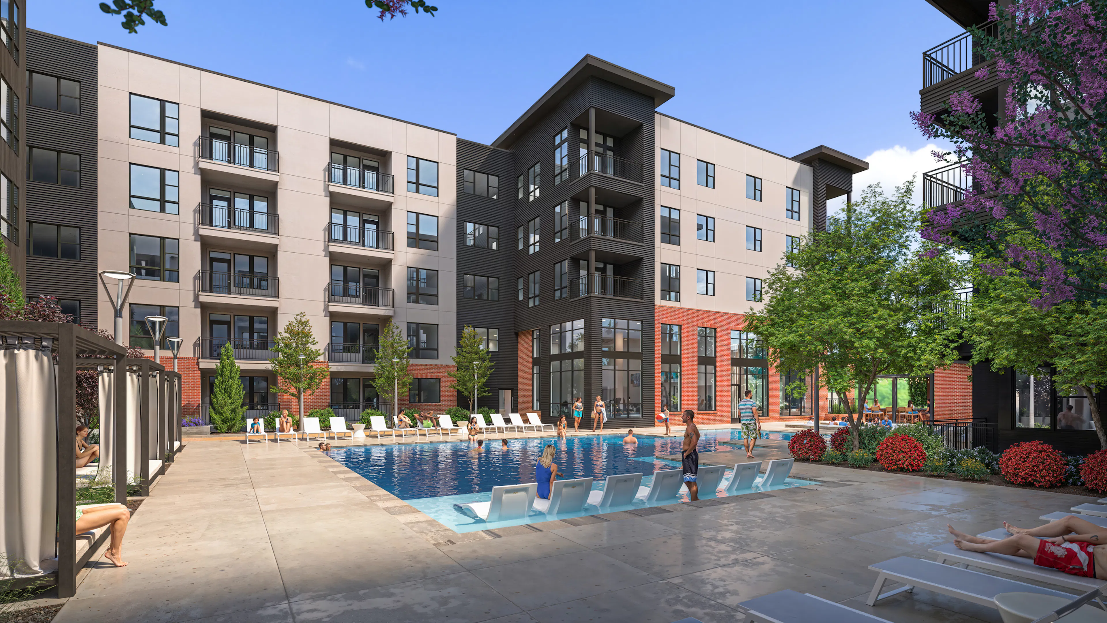 Rendering of AMLI Village Park community pool deck featuring in-water loungers, private cabanas, and lush landscaping.