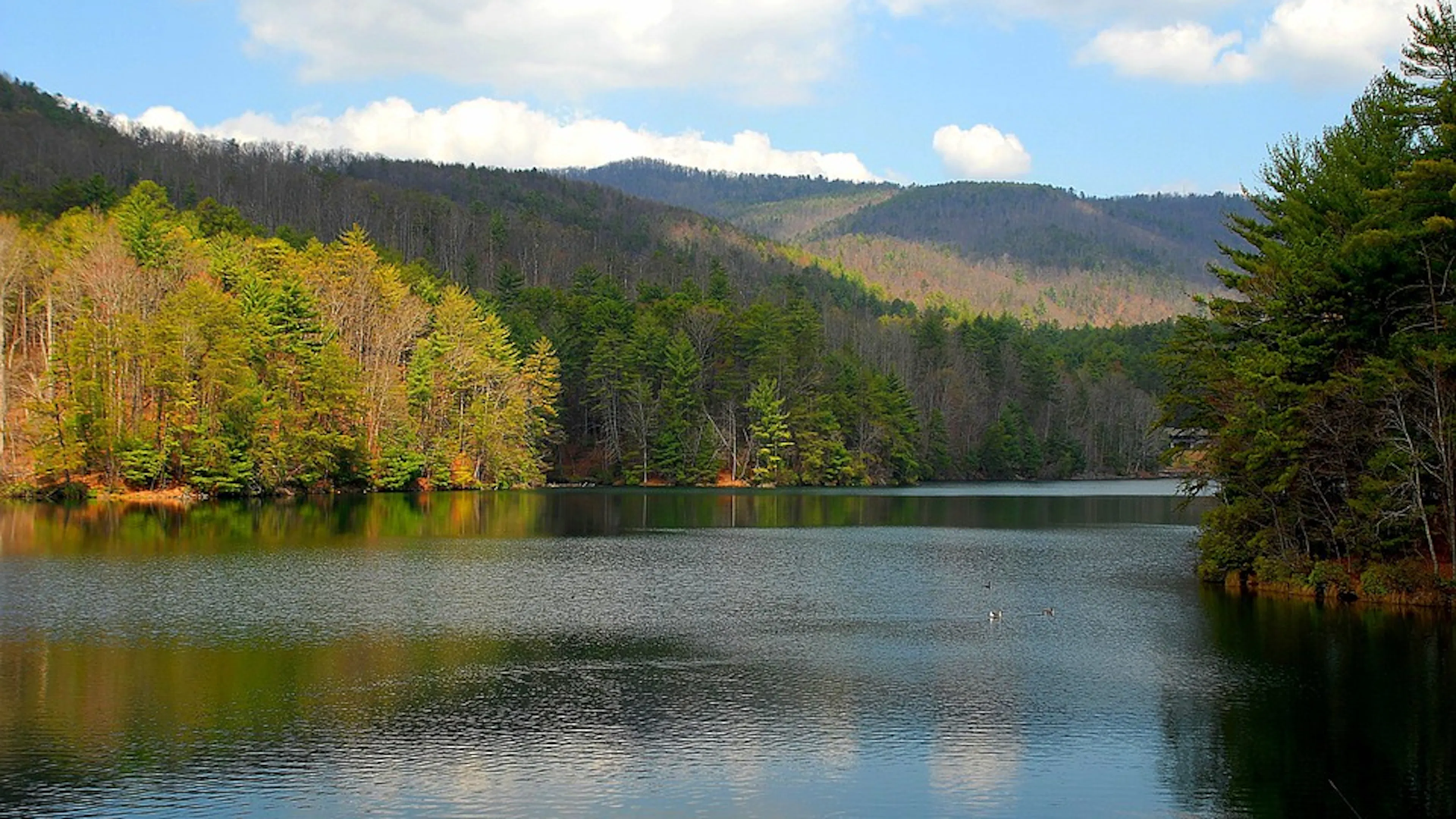 A large still river winding through a hilly forest on a clear day