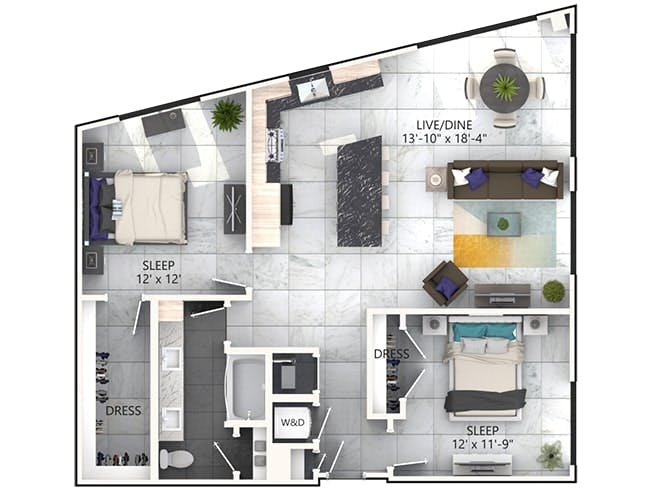 B6 floor plan, 2 Bedroom, 1 Bathroom at AMLI Midtown Miami apartments