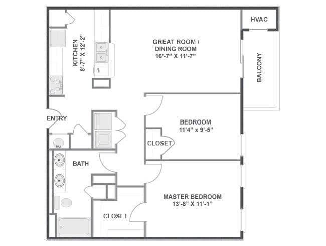 Cypress Point floor plan, 2 Bedroom, 1 Bathroom at AMLI at Seven Bridges apartments