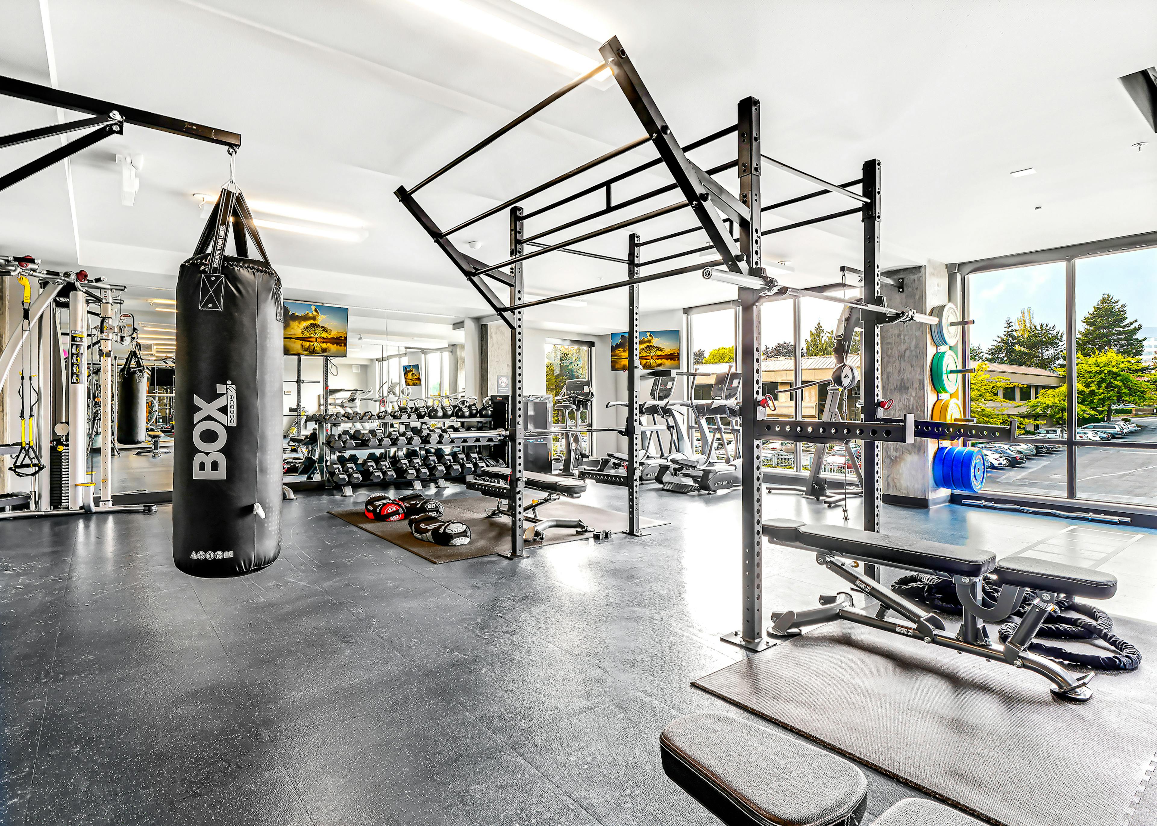 AMLI Spring District fitness center with floor to ceiling windows and punching bag and free weights and exercise equipment