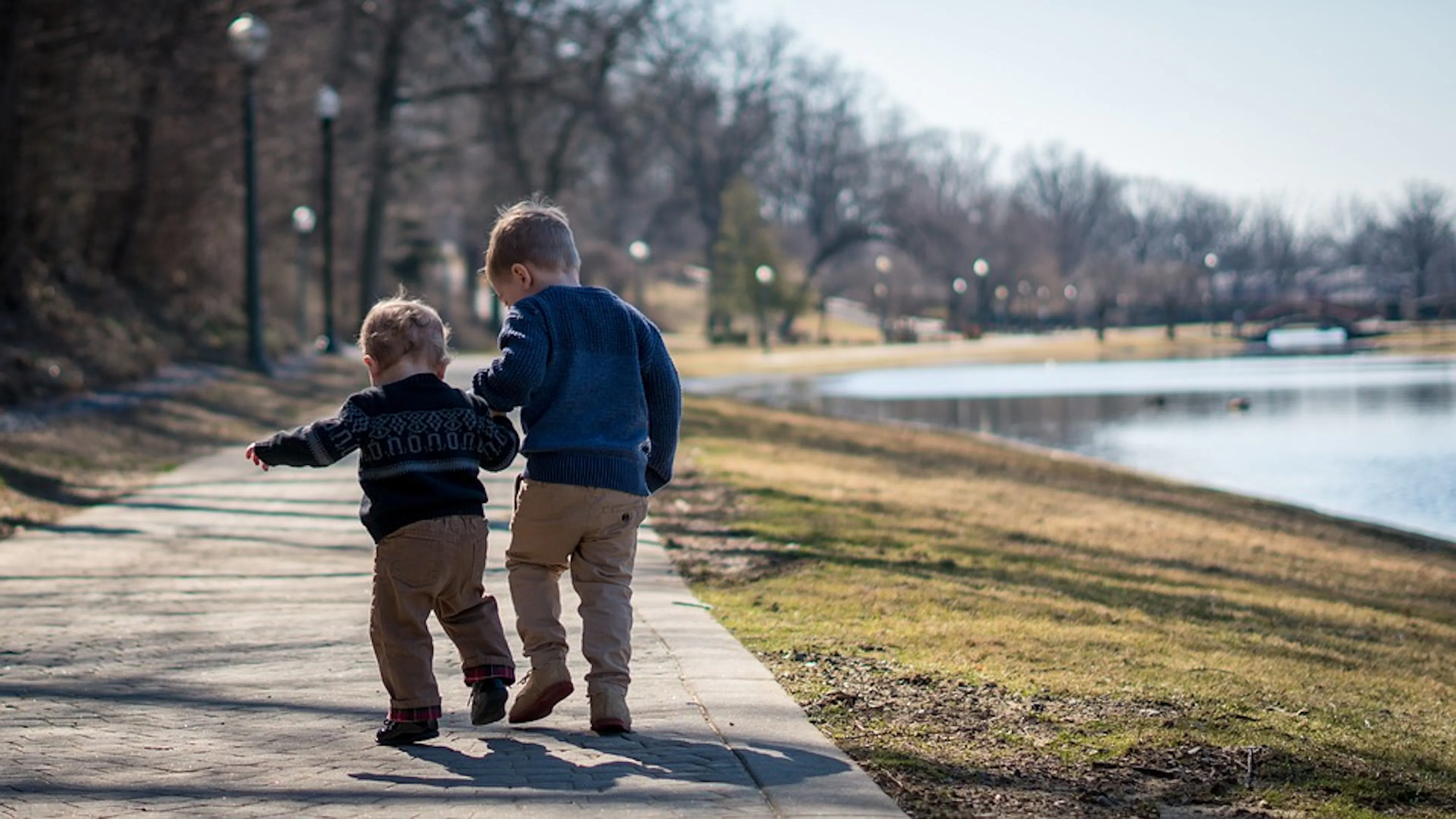 Two young children holding hands and walking away from the camera down a stone path around a lake