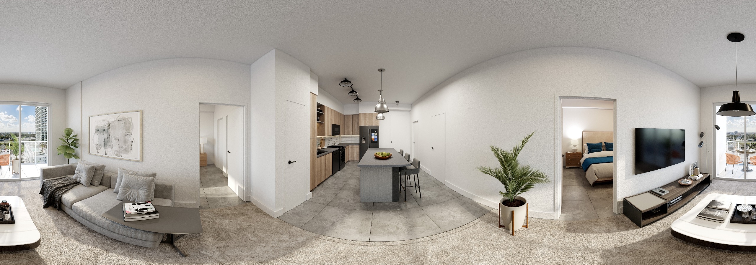 Panoramic interior rendering of contemporary living room and island kitchen at AMLI Midtown Miami apartment building
