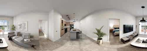 Panoramic interior rendering of contemporary living room and island kitchen at AMLI Midtown Miami apartment building