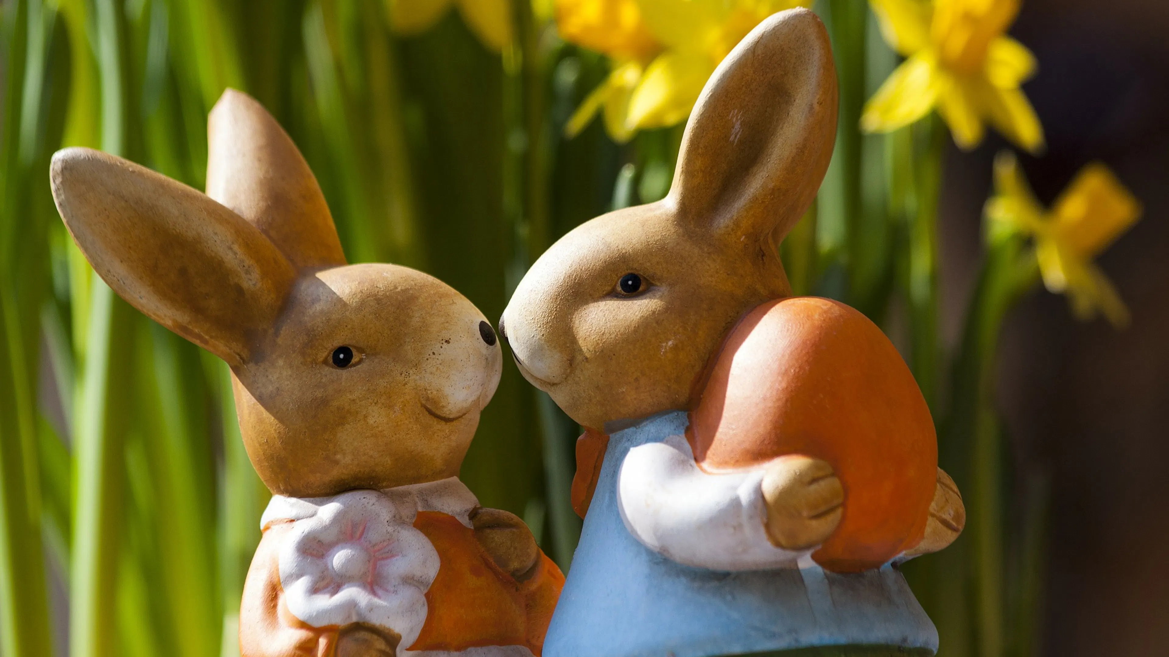 Two bunny statues with cute faces and pastel clothing in front of some real daffodils
