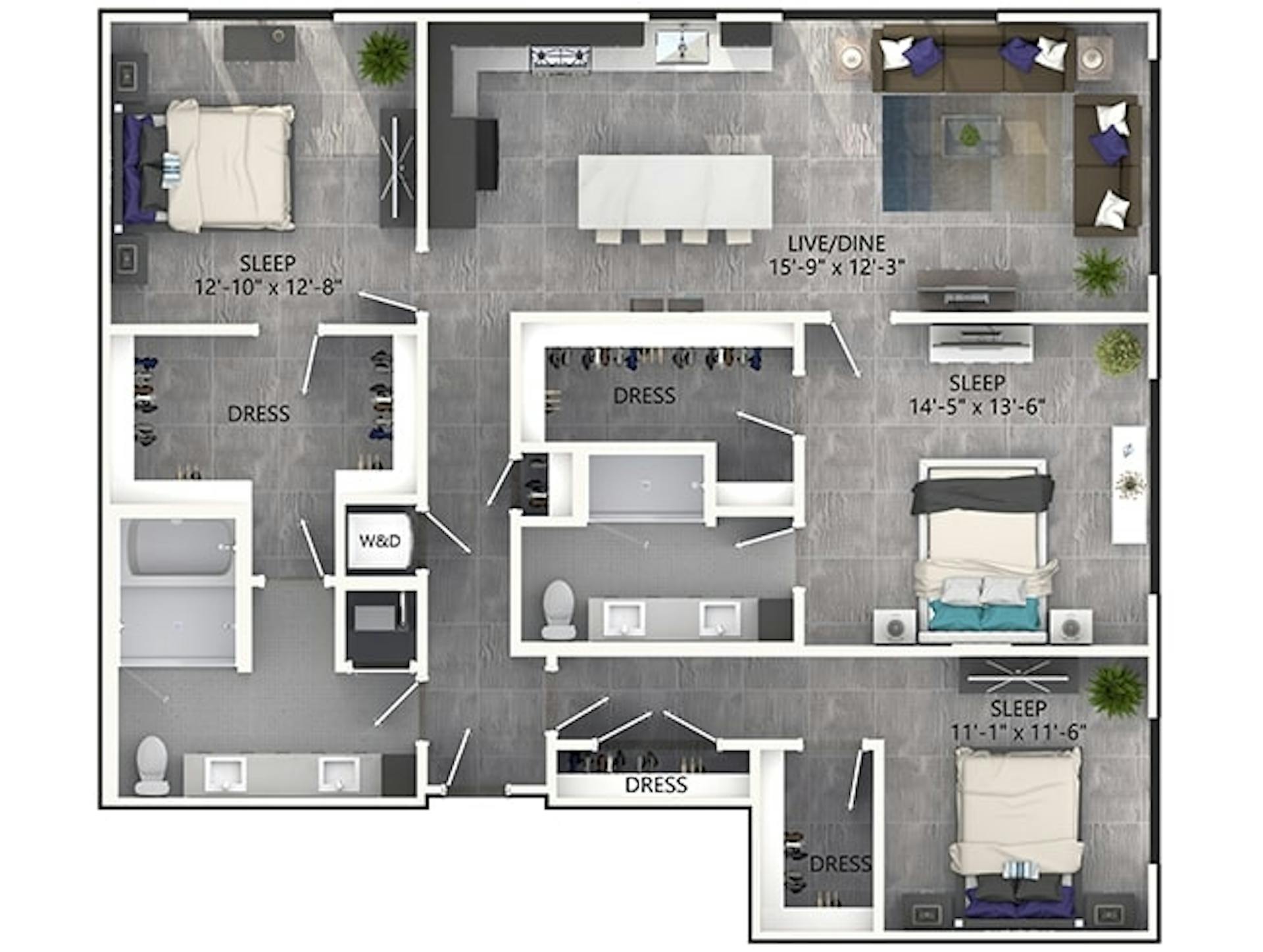 D7P floor plan, 3 Bedroom, 2 Bathroom, Penthouse at AMLI Midtown Miami apartments