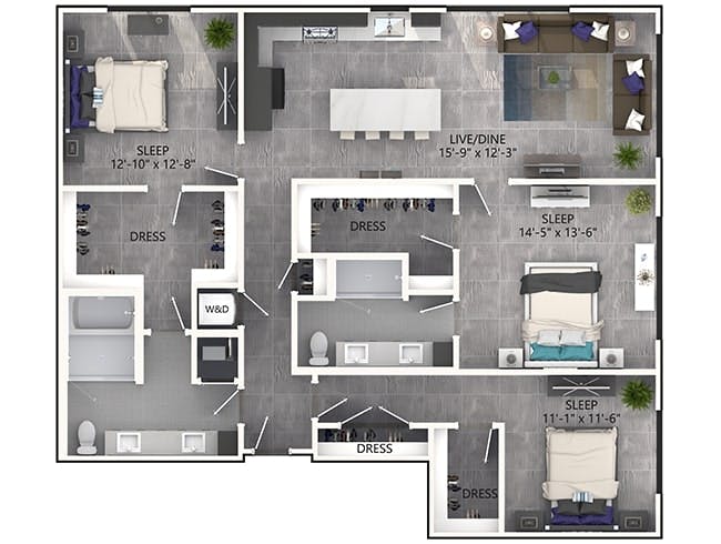 D7P floor plan, 3 Bedroom, 2 Bathroom, Penthouse at AMLI Midtown Miami apartments