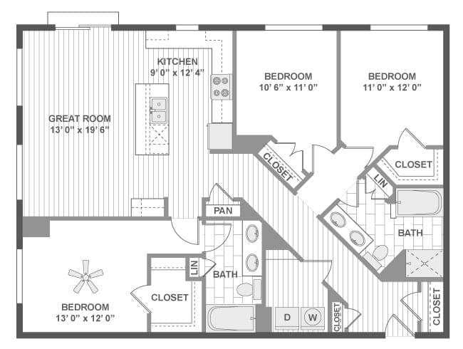 D500 floor plan, 3 Bedroom, 2 Bathroom at AMLI Evanston apartments