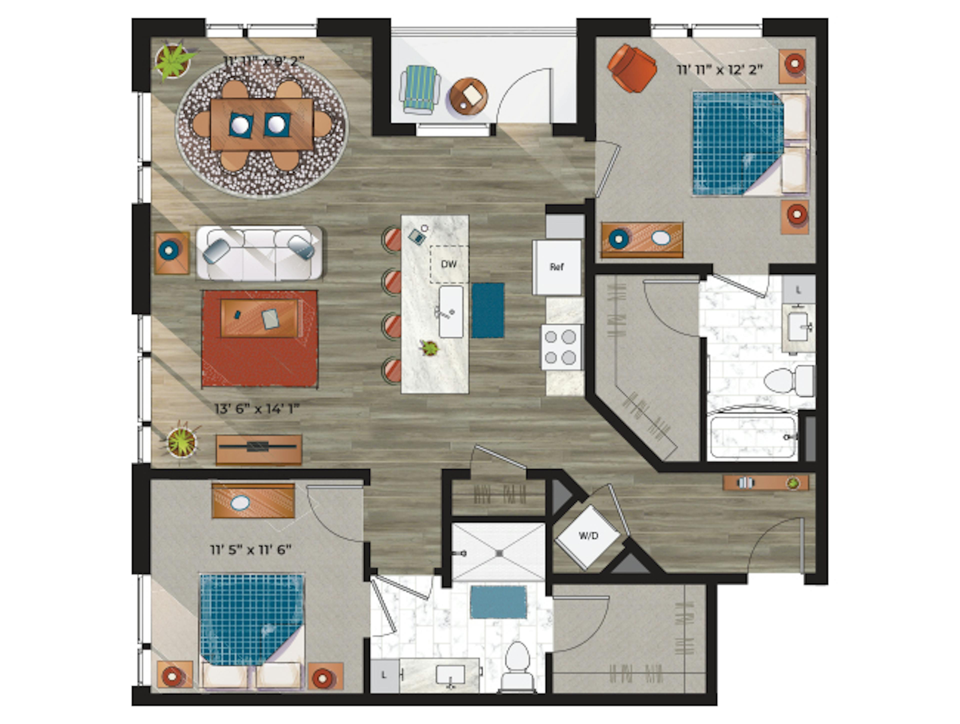 C6c floor plan, 2 Bedroom, 2 Bathroom at AMLI at Uptown apartments