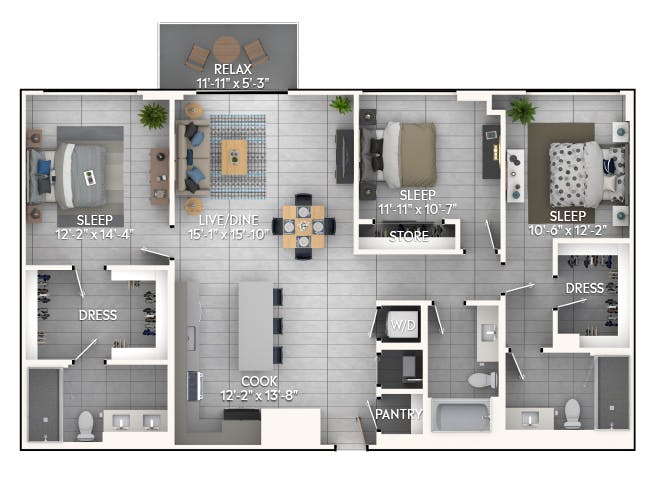 D6 floor plan, 3 Bedroom, 3 Bathroom at AMLI Wynwood apartments