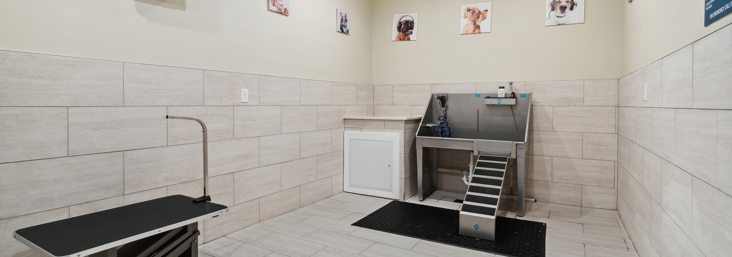 AMLI Buckhead paw wash with beige tile on the lower portion of the walls and a deep stainless steel sink with a pet table