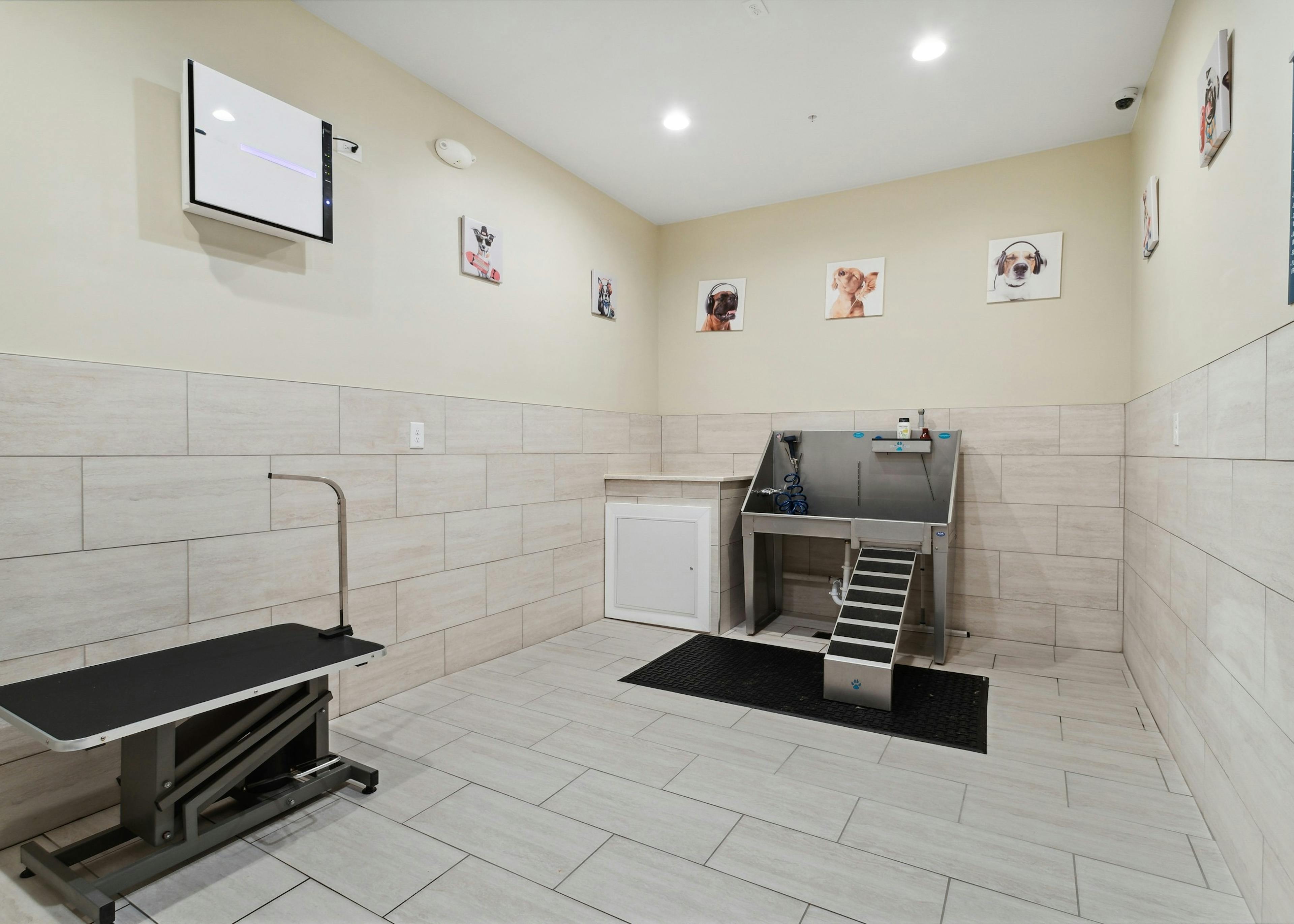 AMLI Buckhead paw wash with beige tile on the lower portion of the walls and a deep stainless steel sink with a pet table