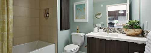 Interior view of AMLI Uptown Orange apartment bathroom with countertop and large soaking tub, tile surround and soap niche