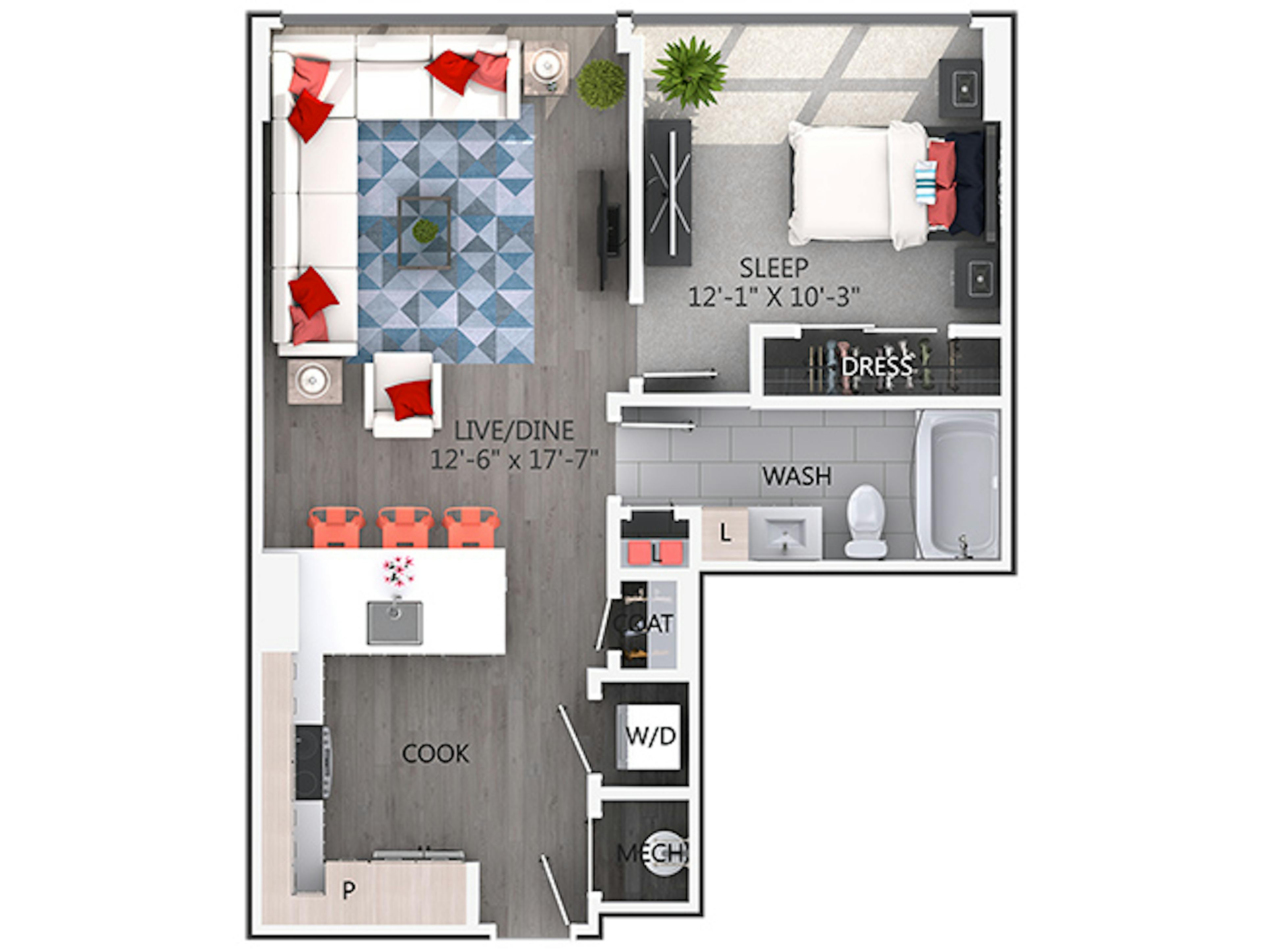A2 floor plan, 1 Bedroom, 1 Bathroom at AMLI Arts Center apartments