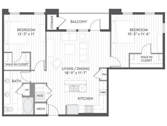 B6 floor plan, 2 Bedroom, 1 Bathroom at AMLI Branch Park apartments