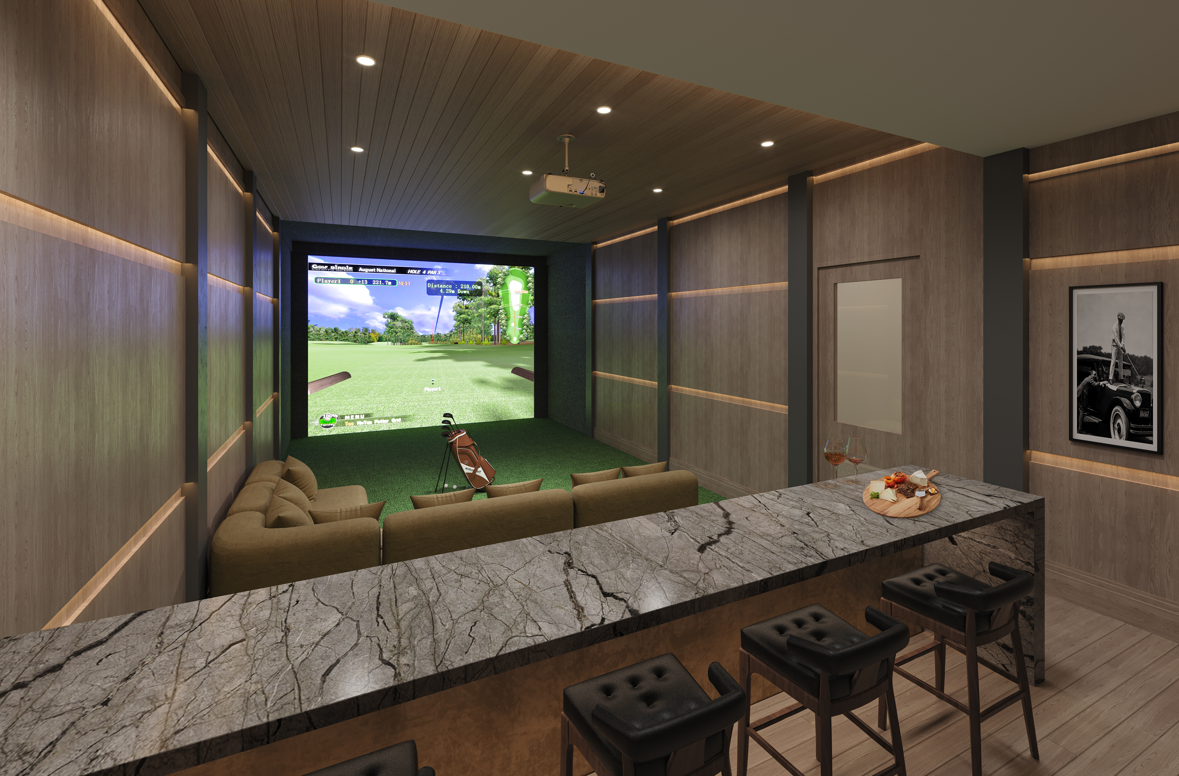 AMLI Treehouse indoor virtual golf simulator with sectional seating, and a bar counter with stools.