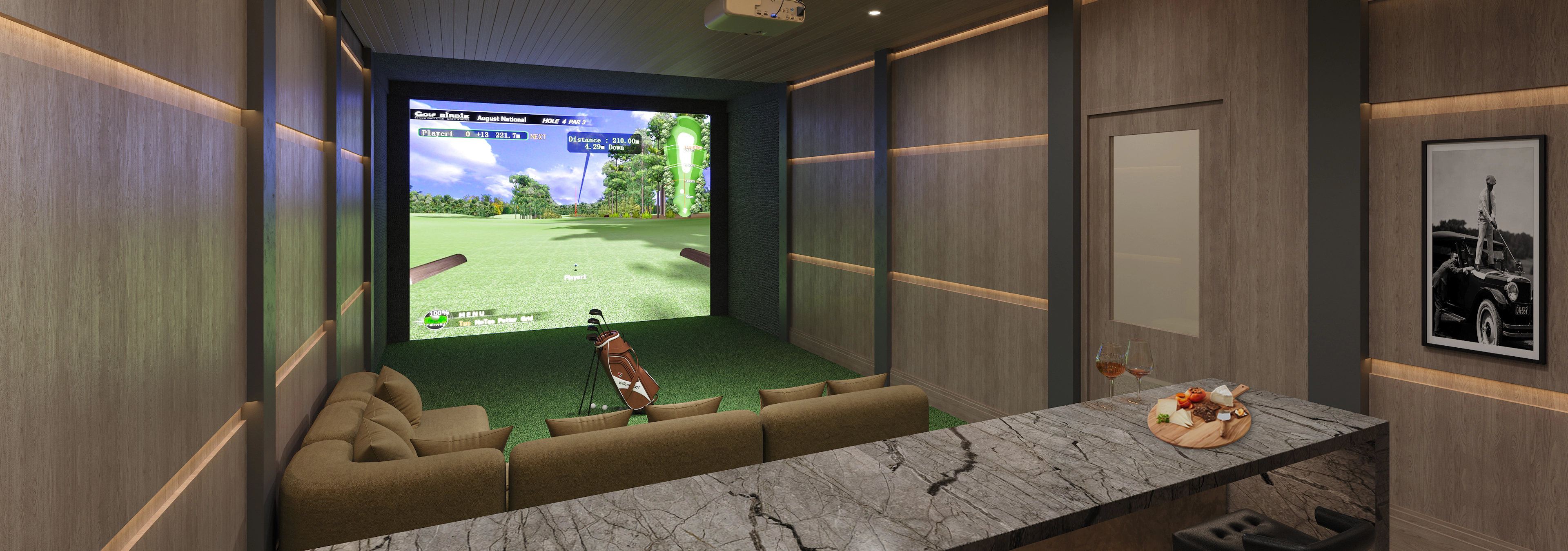 AMLI Treehouse indoor virtual golf simulator with sectional seating, and a bar counter with stools.