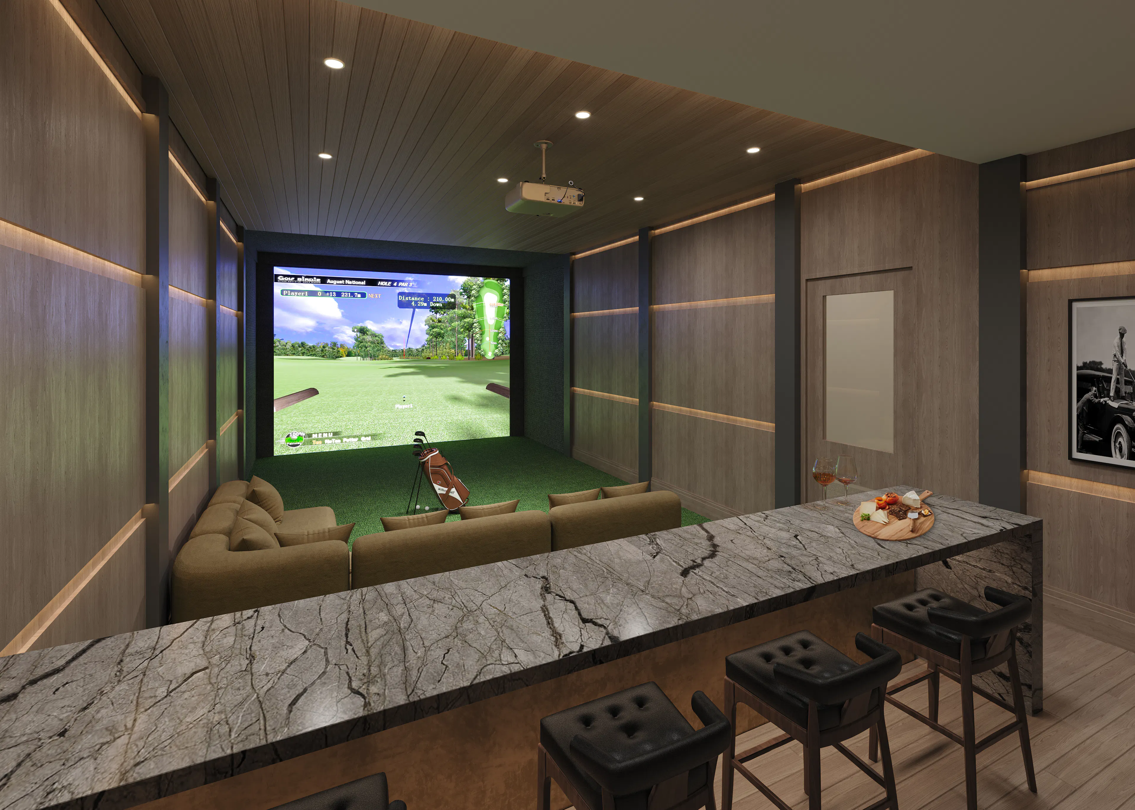 AMLI Treehouse indoor virtual golf simulator with sectional seating, and a bar counter with stools.